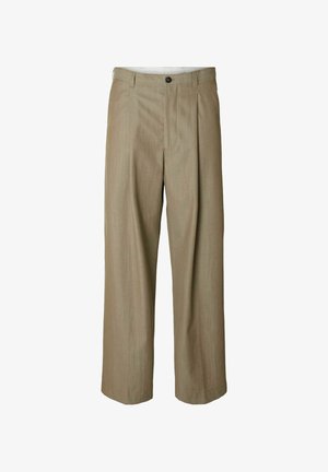 Bež široke hlače s suptilnom teksturom, s prednjom naboračom, kopčanjem na gumb i bez džepova.