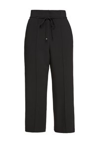 Pantalon noir taille haute avec un cordon de serrage, jambes larges droites et détails de couture à l'avant, présenté sur un fond blanc.
