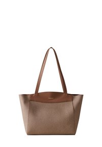 Brown textured tote bag with smooth leather top panel and long shoulder straps, featuring a small gold brand logo.