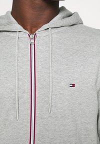 Sudadera gris con cremallera, fabricada en material de sudadera, que presenta una franja roja, blanca y azul a lo largo de la cremallera y un pequeño logo en el pecho.