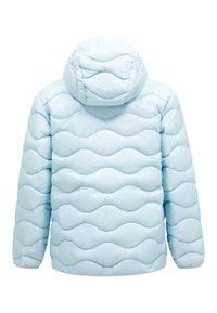 Lysblå pufferjakke med hætte, der har et bølget teksturmønster, glat overflade og lange ærmer. Kun bagview.