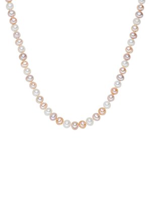 Pearl necklace featuring round pearls in shades of pink and white, strung together with a smooth finish and uniform size.