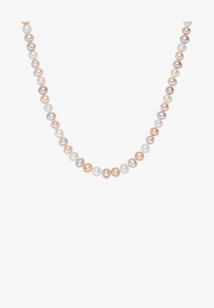 Collana di perle con perle tonde in tonalità di rosa e bianco, assemblate con una finitura liscia e di dimensioni uniformi.