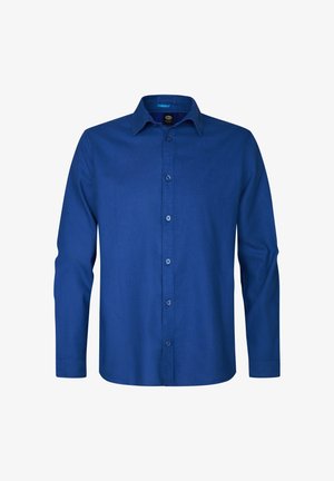 Blue button-up shirt made of smooth fabric, featuring a classic collar, long sleeves, and front button closure with matching buttons.