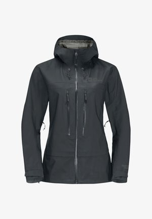 Schwarze wasserdichte Jacke mit Kapuze, Frontreißverschluss und zwei Brusttaschen. Verfügt über verstellbare Bündchen und ein dezentes Logo auf der linken Seite.