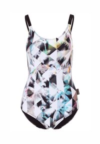 Eén piece badpak in een meerkleurig geometrisch patroon met zwart-witte driehoeken, dunne zwarte bandjes en een gestructureerde afwerking.