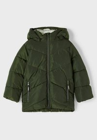 Giacca puffer verde isolata con cappuccio, design trapuntato, chiusura frontale con zip e due tasche laterali con zip metalliche.