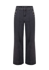 Brede jeans van donkergrijze denim met een hoge taille, vijf knopen aan de linkerkant en contrasterende stiksels langs de naden.