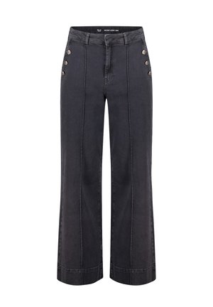Brede jeans van donkergrijze denim met een hoge taille, vijf knopen aan de linkerkant en contrasterende stiksels langs de naden.