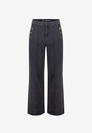 Brede jeans van donkergrijze denim met een hoge taille, vijf knopen aan de linkerkant en contrasterende stiksels langs de naden.