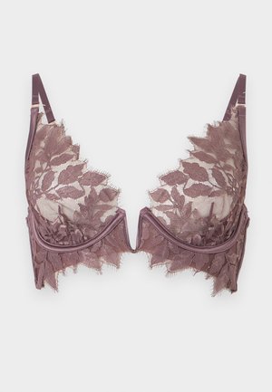 Spitzen-Bügel-BH in Mauve mit Blumenmustern, verstellbaren Trägern und tiefem V-förmigem Mittelteil.