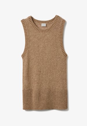 Beige gestrickter ärmelloser Pullover mit strukturierter Oberfläche und geripptem Saum. Weiches Material mit rundem Halsausschnitt und ohne Verschlüsse.