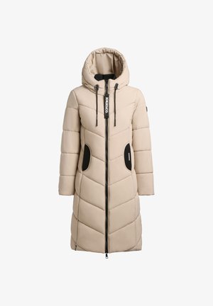 Beige long padded winter coat with hood, black drawstrings, front zipper, and black trimmed pockets. Quilted diagonal stitching details.
