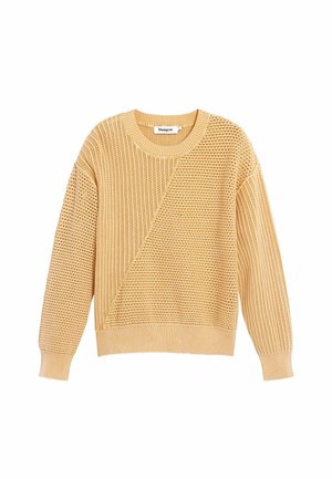 Pulover bej tricotat cu modele mixte de nervuri și țesătură tip vafă, guler rotund, mâneci lungi și mansete și tiv cu nervuri.