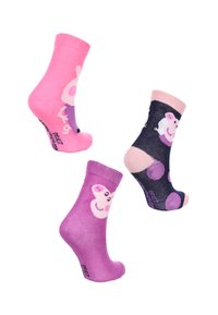 Tres pares de calcetines de algodón: rosa con gráfico de cordero, morado con diseño de cara y azul marino con lunares y cara, todos con puños elásticos.