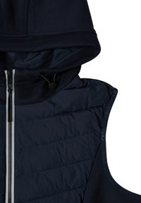 Veste sans manches à capuche bleu marine avec fermeture éclair frontale et cordon de serrage ajustable sur la capuche, tissu matelassé sur le panneau avant.