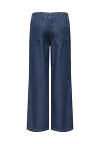 Tumedast teksast laia lõikega püksid elastse vöökohaga, kahe tagataskuga ja sirge siluetiga. Sile pind ja klassikaline sinine värv.