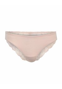 Rosa Baumwollunterhose mit Spitzenbesatz an den Seiten, glatter Textur und mittlerer Hüfthöhe. Verfügt über gewellte Kanten und ein schlichtes Design ohne Verzierungen.