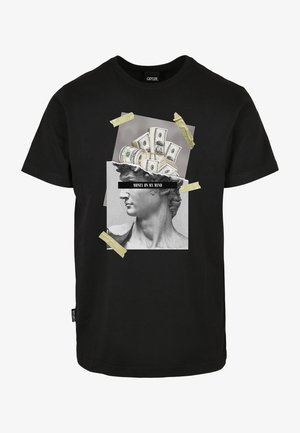 Černé bavlněné tričko s grafickým potiskem sochy a peněz, zkrášlené žlutou páskou a textem "MONEY ON MY MIND."