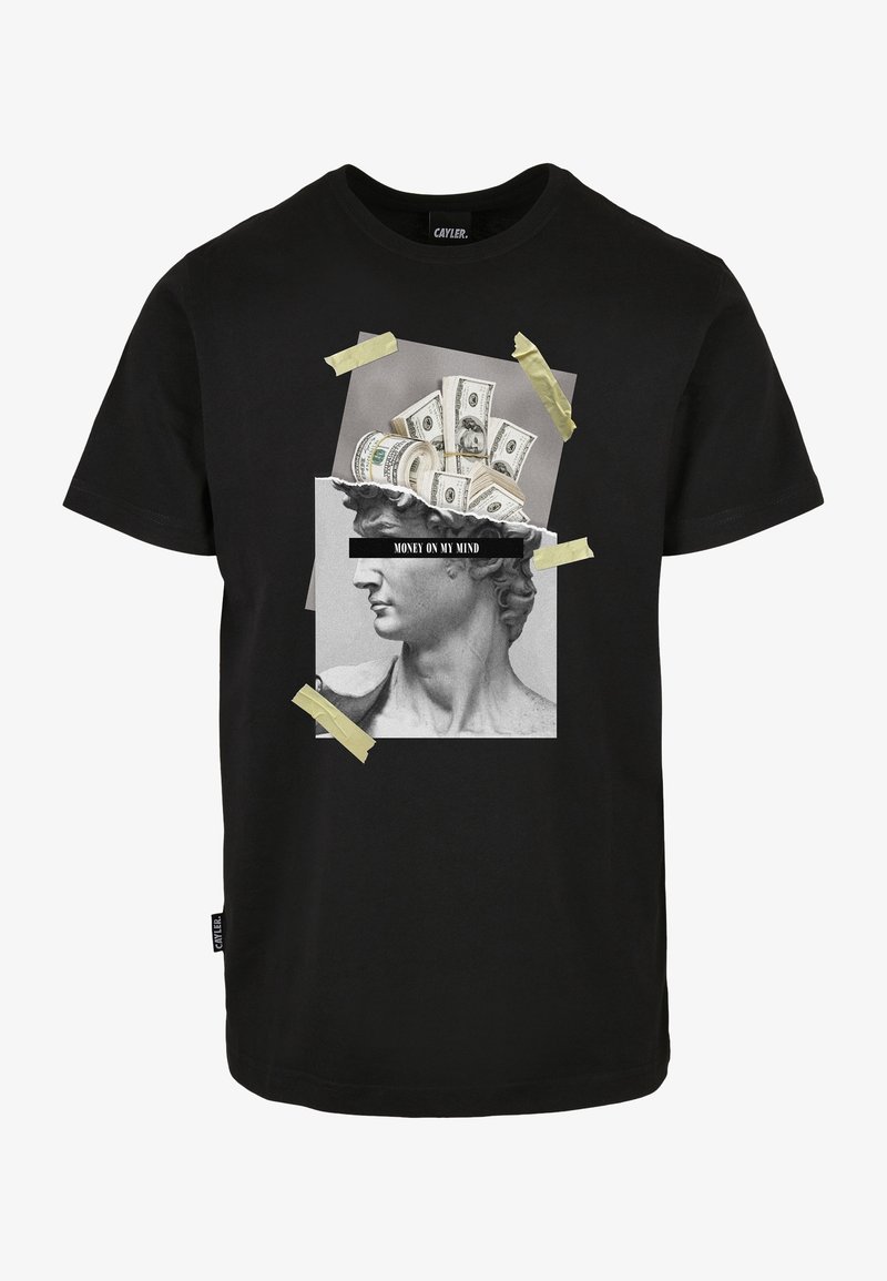 Czarna bawełniana koszulka z graficznym nadrukiem przedstawiającym rzeźbę i pieniądze, ozdobiona żółtą taśmą oraz napisem "MONEY ON MY MIND."
