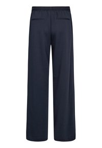 Navyblauwe wijde broek gemaakt van zachte stof, met een stretchy tailleband en twee achterzakken. Glad textuur met een ontspannen pasvorm.