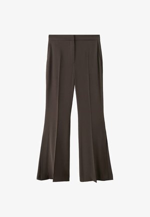 Pantalones de pierna ancha marrones con un diseño a medida, que presentan una textura suave, aberturas laterales verticales y bolsillos frontales.