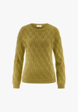 Licht olijfgroene gebreide trui met lange mouwen, ronde halslijn en een gestructureerd bladermotief over het hele kledingstuk.