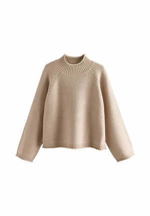 Beige gestrickter Pullover mit gerippterTextur, hohem Kragen und weiten Ärmeln. Bietet eine lockere Passform und dezente horizontale Muster.