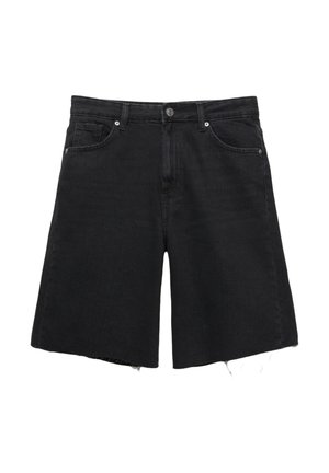 Pantaloni scurți din denim negru cu croială relaxată, având închidere cu nasture, cinci buzunare și detalii cu margini desfăcute. Textură netedă și fără modele vizibile.