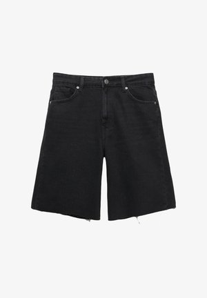 Črne kratke hlače iz denima s sproščenim krojem, ki imajo gumbasto zapenjanje, pet žepov in raztrgane robove. Gladka tekstura in brez vidnih vzorcev.