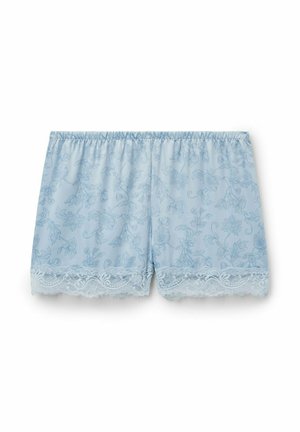 Světle modré dámské kraťasy s květinovým vzorem, elastickým pasem a krajkovou ozdobou na nohavicích, na bílém pozadí.