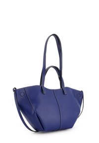 Large purple leather tote bag with two shoulder straps, contrasting white stitching, and a slim side handle. Rounded shape with soft texture.