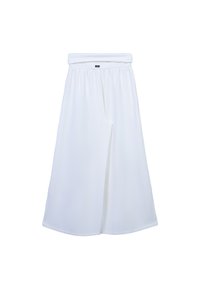 Pantalons blancs à jambes larges avec une taille élastique et un tissu lisse et doux, offrant une coupe ample et des lignes épurées. Pas de poches visibles.