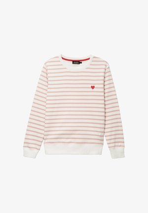 Sweat-shirt rayé rose clair et blanc avec un appliqué cœur rouge sur la poitrine. Doté de poignets et d'un ourlet côtelés, confectionné en coton doux.
