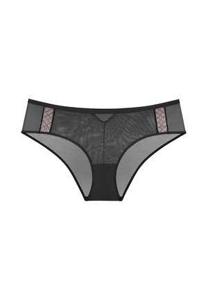 Zwarte mesh slipjes met een solide voorpaneel en doorzichtige zijpanelen, versierd met roze geometrische accenten, ontworpen in een lage taille snit.