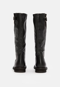 Black leather knee-high boots with a smooth texture, featuring a buckle detail at the top and a stacked heel.