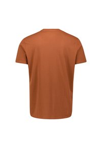 Bruine katoenen t-shirt met een ronde hals en korte mouwen. Gladde textuur en eenvoudig ontwerp, zonder zichtbare patronen of accenten.