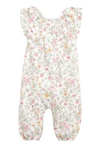 Mono con estampado floral y mangas con volantes, con flores en tonos rosa, amarillo y azul sobre un fondo blanco. Botones en la parte delantera.