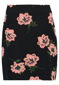 Svart kjol med en åtsittande design, prydd med stora rosa blommönster och gröna blad. Slät tyg med elastisk midja.