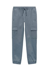 Šedé cargo kalhoty vyrobené z látky, s elastickým páskem, šňůrkou, bočními kapsami a elastickými manžetami na kotnících.