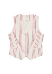 Linen vest with pink and white vertical stripes, v-neck, five button front, and two side pockets. Lightweight and tailored design.