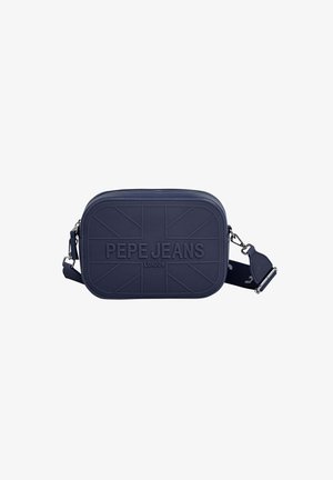 Marinefarbener rechteckiger Umhängetasche aus Gummi, mit geprägtem "PEPE JEANS LONDON" und Union-Jack-Motiv, ausgestattet mit einem verstellbaren Riemen.