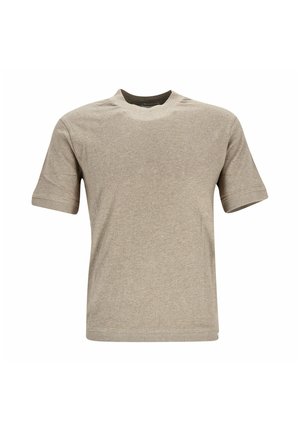 Plain light brown crew neck short sleeve t-shirt with a subtle texture, displayed against a white background.