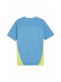 Lyhythihainen urheilupaita sinisessä värissä, jossa on keltainen yksityiskohta sivuilla, ja joka on varustettu sileällä tekstuurilla ja pyöristetyllä takasuunnittelulla.