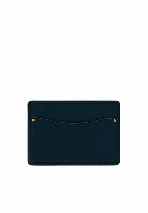 Navy leather card holder with textured surface, featuring two slots for cards, outlined stitching, and a gold accent stud.