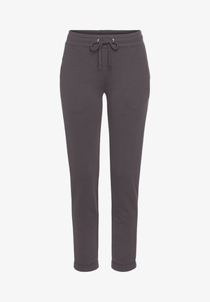 Gray jogger pants made of soft cotton, featuring an elastic waistband with drawstring, side pockets, and tapered legs with cuffed hems.