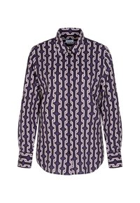 Camicia a maniche lunghe in tessuto viola con una trama a catena ripetuta in bianco e rosa chiaro, con chiusura a bottoni e colletto.