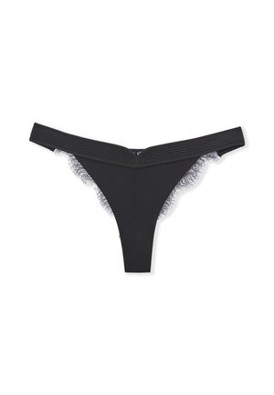 Tanga negro con cintura texturizada, que presenta un suave encaje en los bordes. Diseño sencillo con cobertura mínima y un acabado suave.