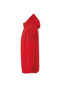 Rote Jacke mit Kapuze, elastischen Bündchen und einer Seitentasche. Die Schultern haben eine geometrisch gemusterte Textur.