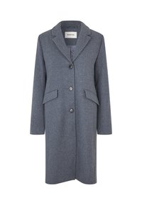 Gray wool coat with a notched collar, front button closure, and two side pockets. Features a straight cut and smooth texture.
